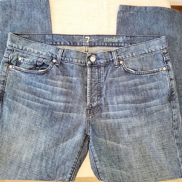 7 For All Mankind Standard Mens 38 Jeans ButtonFly Blue Wash Distressed Denim - Picture 11 of 11
